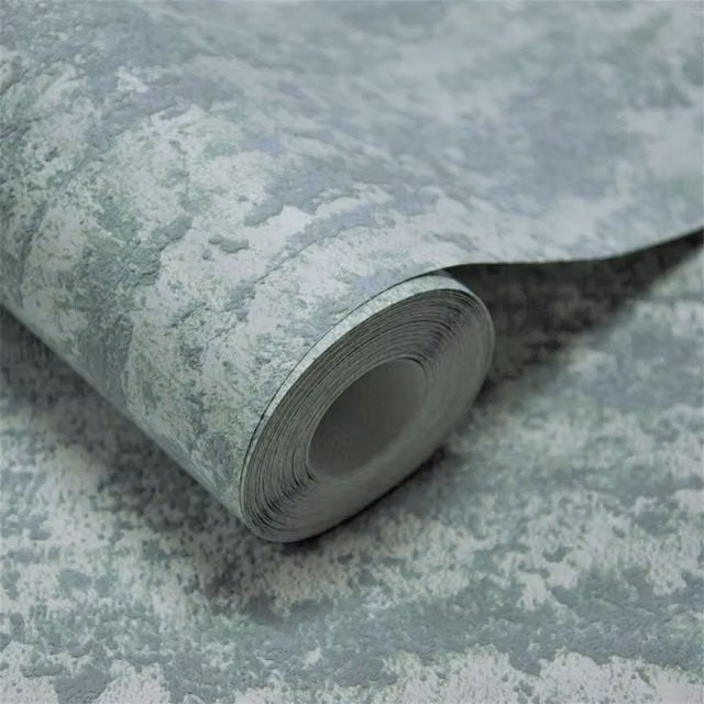 Grandeco Rocks Distressed Plaster Effect Plain Blown Vinyl Wallpaper in Beige, Blue and Green