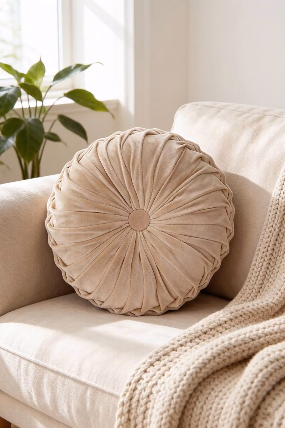 Garden Sanctuary Round Pleated Pumpkin Velvet Cushion in Beige, Diameter: 45 cm – 2