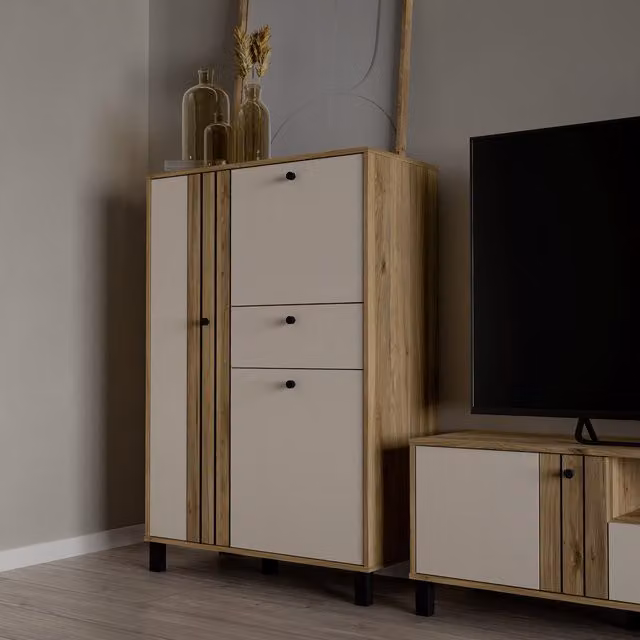 Furniture To Go Grafton Tall Cabinet in Beige and Wood with Hinged Doors and Drawers