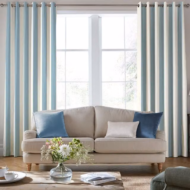 Laura Ashley Lille Stripe Made to Measure Blackout Eyelet Curtain Panel in Seaspray Blue