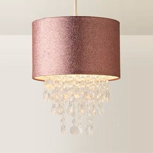 ValueLights Pair of Pink Glitter Cylinder Ceiling Pendant Drum Light Shades with Transparent Acrylic Jewel Droplets and LED Bulbs, Width: 28 cm – 2