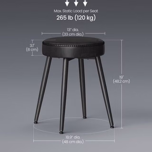 VASAGLE Set of 2 Mid-Century Modern Upholstered Dining Stools in Black with Metal and Wood Construction