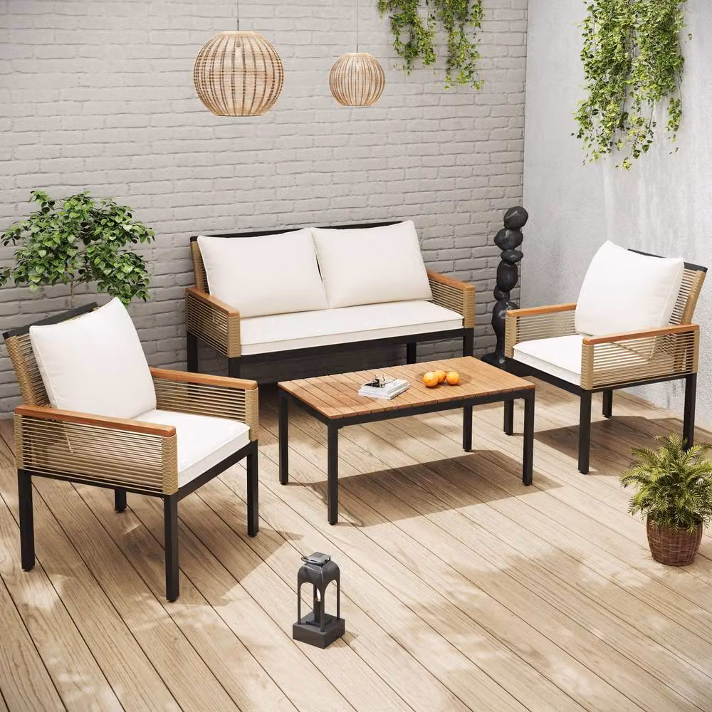 BES HOME 4-Piece Cream Rattan Garden Furniture Set with Acacia Wood Coffee Table and Upholstered Cushions – 2