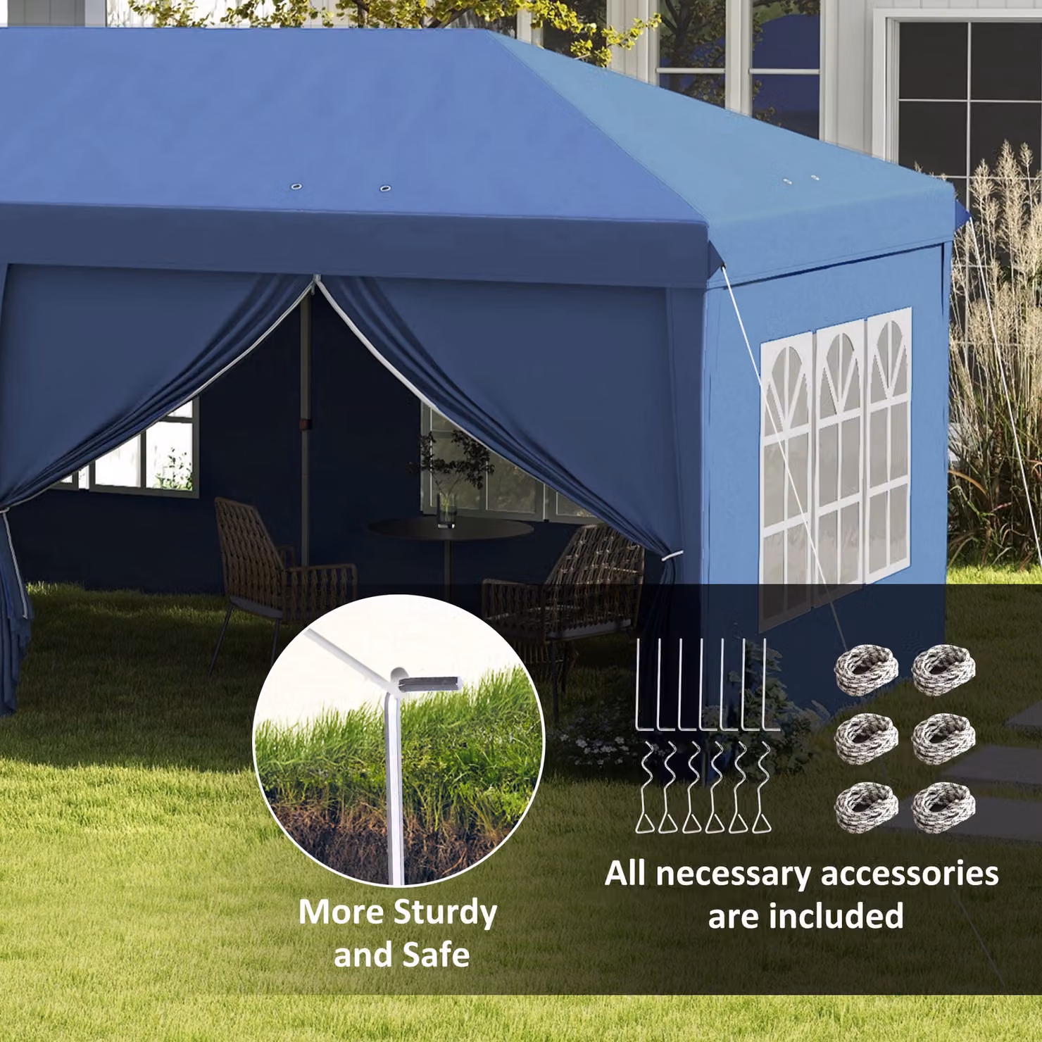 Outsunny Blue Pop-Up Gazebo with Curtain Walls, Windows and Steel Frame, W: 600 cm, D: 300 cm, H: 270 cm – 6