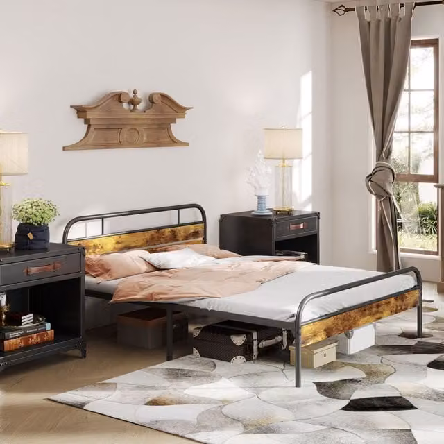 HOMCOM Industrial Metal Bed Frame with Headboard Storage in Brown, 180 x 200 cm