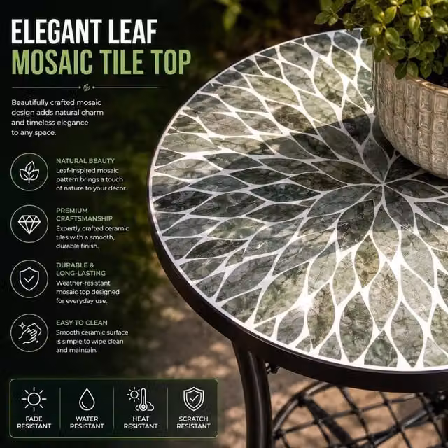 Shatchi Leaf Mosaic Plant Stand Side Table with Multicolour Ceramic Tile Seat and Metal Frame