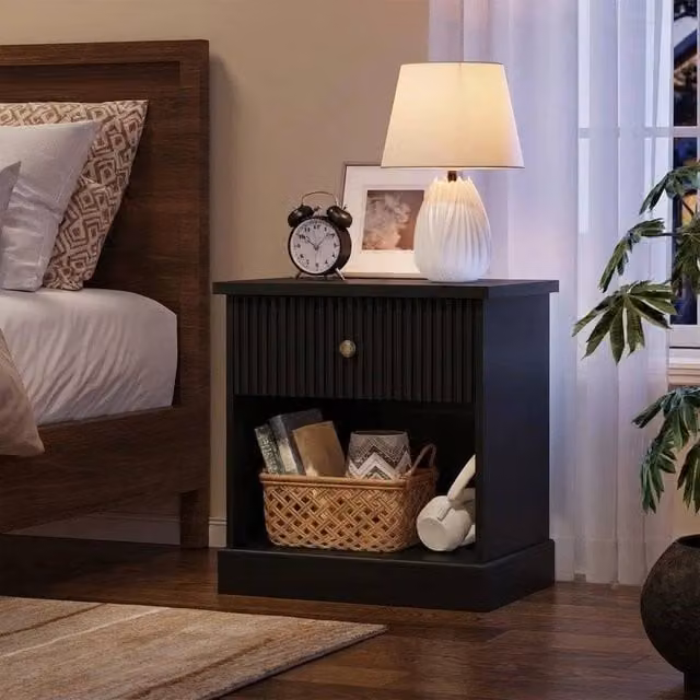 VOGREX Modern Fluted Wood Nightstand with Drawer in Black – 1