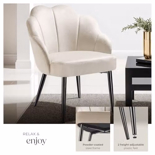 tectake Accent Chair in Shell Design with Velvet-Look Fabric and Metal Frame, Modern Tub Armchair for Living Room or Bedroom, Black/White – 3