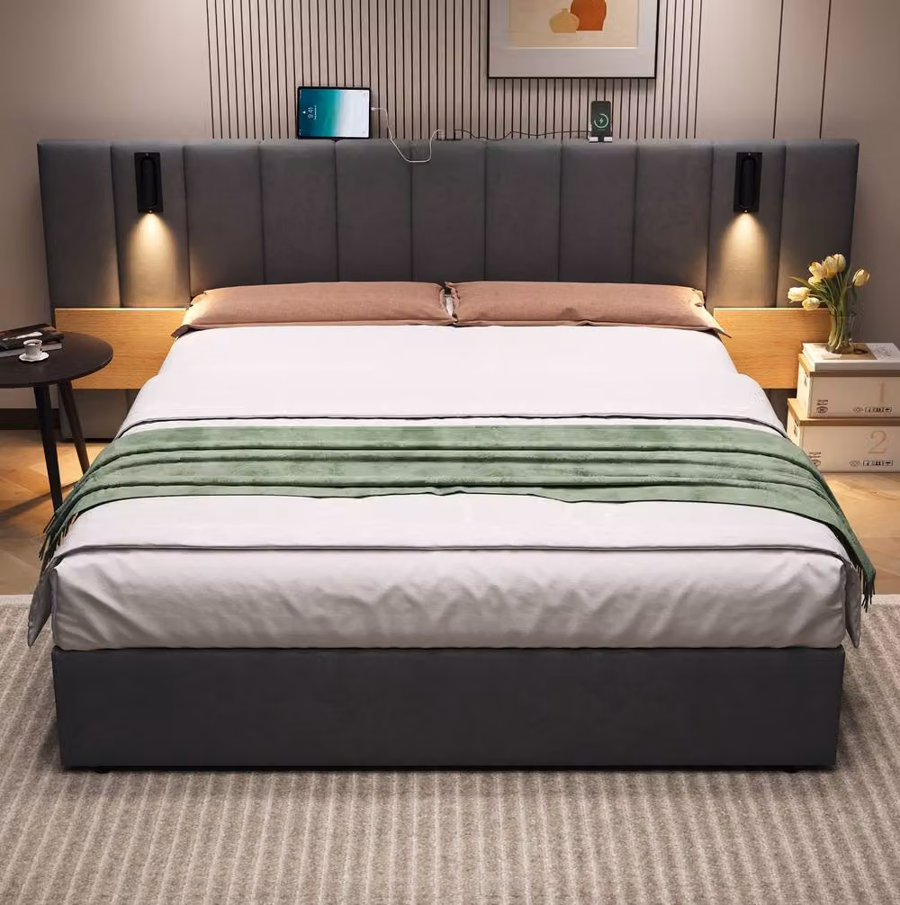 STILVORA Grey Velvet Ottoman Bed with USB Charging Port, Integrated Reading Light and Bedside Shelf, W/D/H: 180 x 200 x 152.4 cm – 2