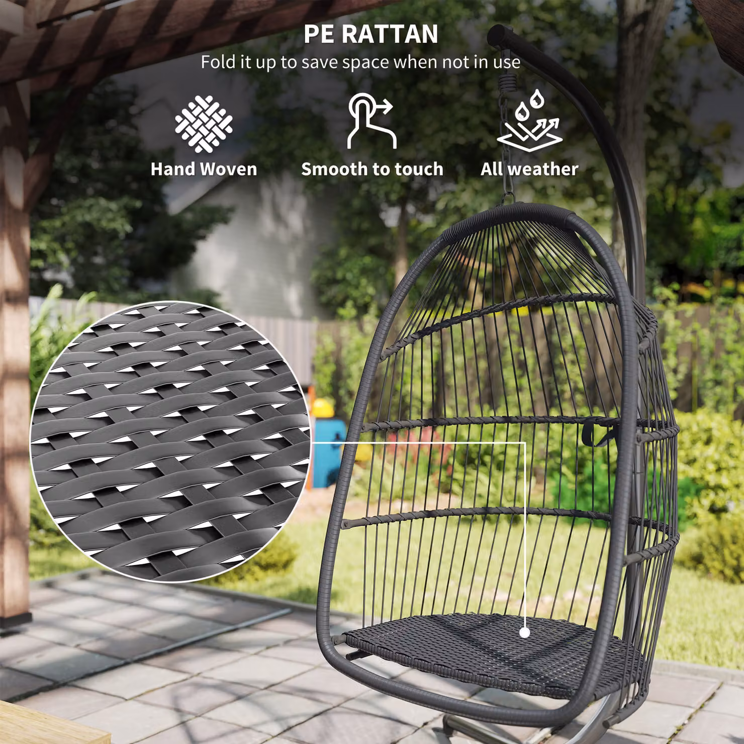 Outsunny Rattan Hanging Egg Chair with Stand and Cushion in Dark Grey – 4