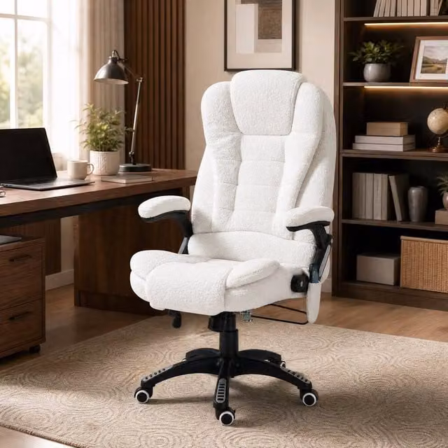 STILVORA Massage Office Chair in White Boucle with Heating and Headrest