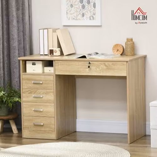 HOMCOM Computer Desk with Storage Shelf in Oak Brown, W/D/H: 110 x 50 x 76 cm – 2