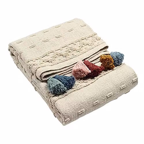 Riva Home Boho Geometric Woven Cotton Throw with Fringes, Multicolour/Beige, W/D/H: 130 x 180 cm