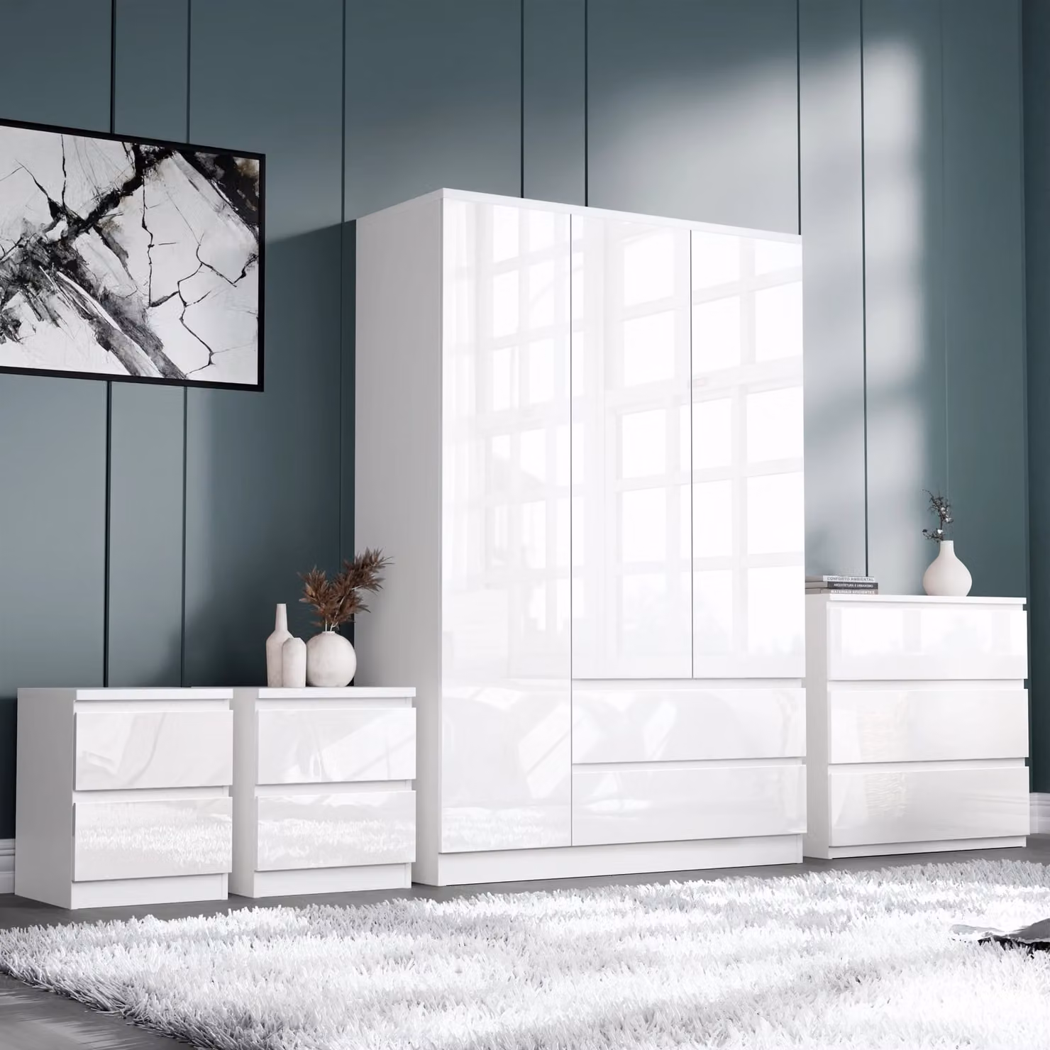 DHS High Gloss 4 Piece Modern Bedroom Set in White, Black or Grey