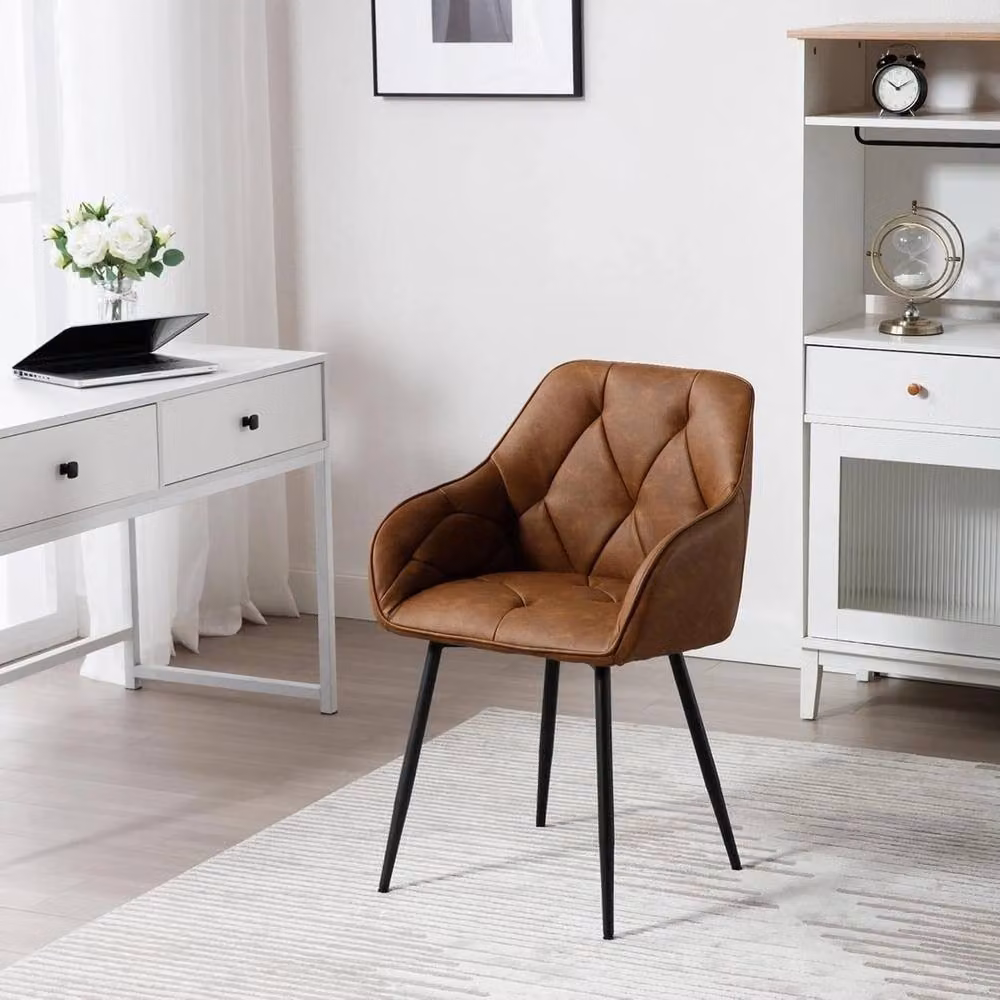 NESTLUNE Set of 2 Brown Leather Dining Chairs with Metal Legs for Kitchen, Dining Room or Home Office – 2