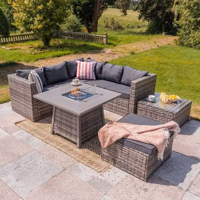Furniture Maxi Vancouver 6 Seater Grey Polyrattan Corner Sofa Set with Cubic Fire Pit Table – 1