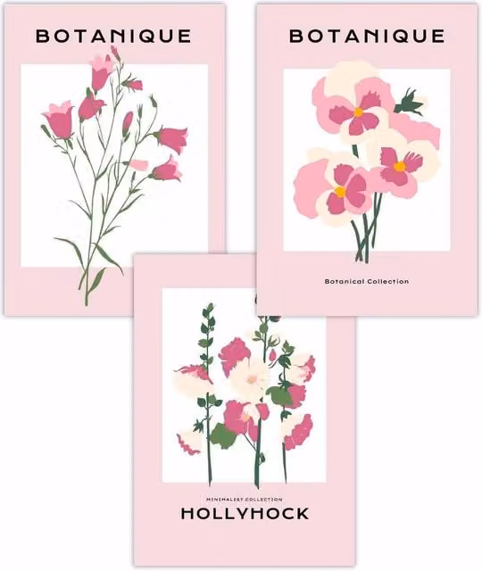 ARTZE Set of 3 Vintage Pink Hollyhock Flower Market Art Posters, W: 42 cm, H: 59 cm