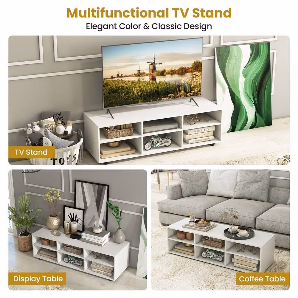 VOGREX 55 inch Modern White Wooden TV Stand with 6 Compartments – 5
