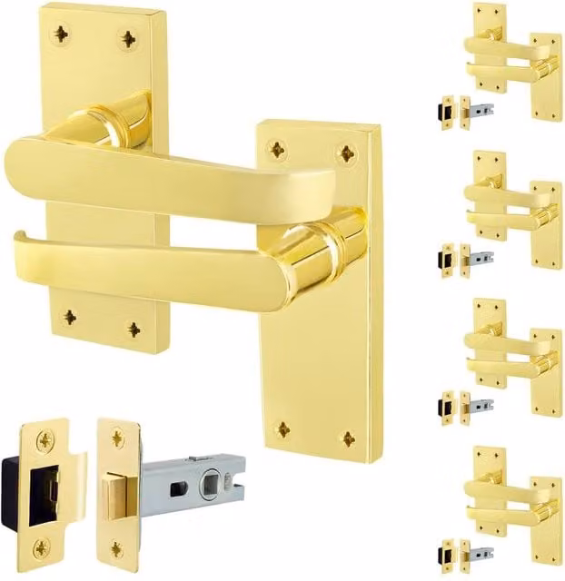 AFIT Polished Brass Door Handles with Latch, 5 Pairs in Gold, W/D/H: 15 x 15 cm