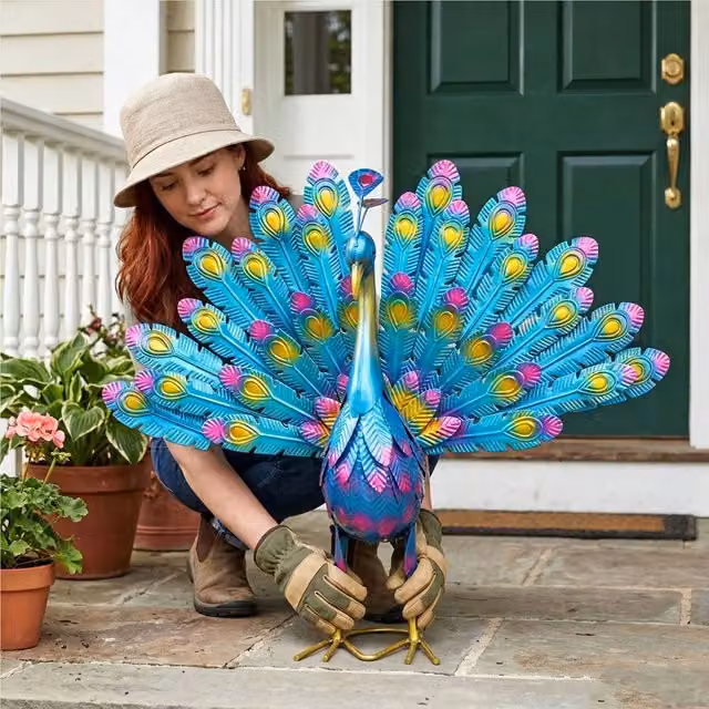 Quipulse Multicolour Metal Peacock Craft Statue for Outdoor Decor