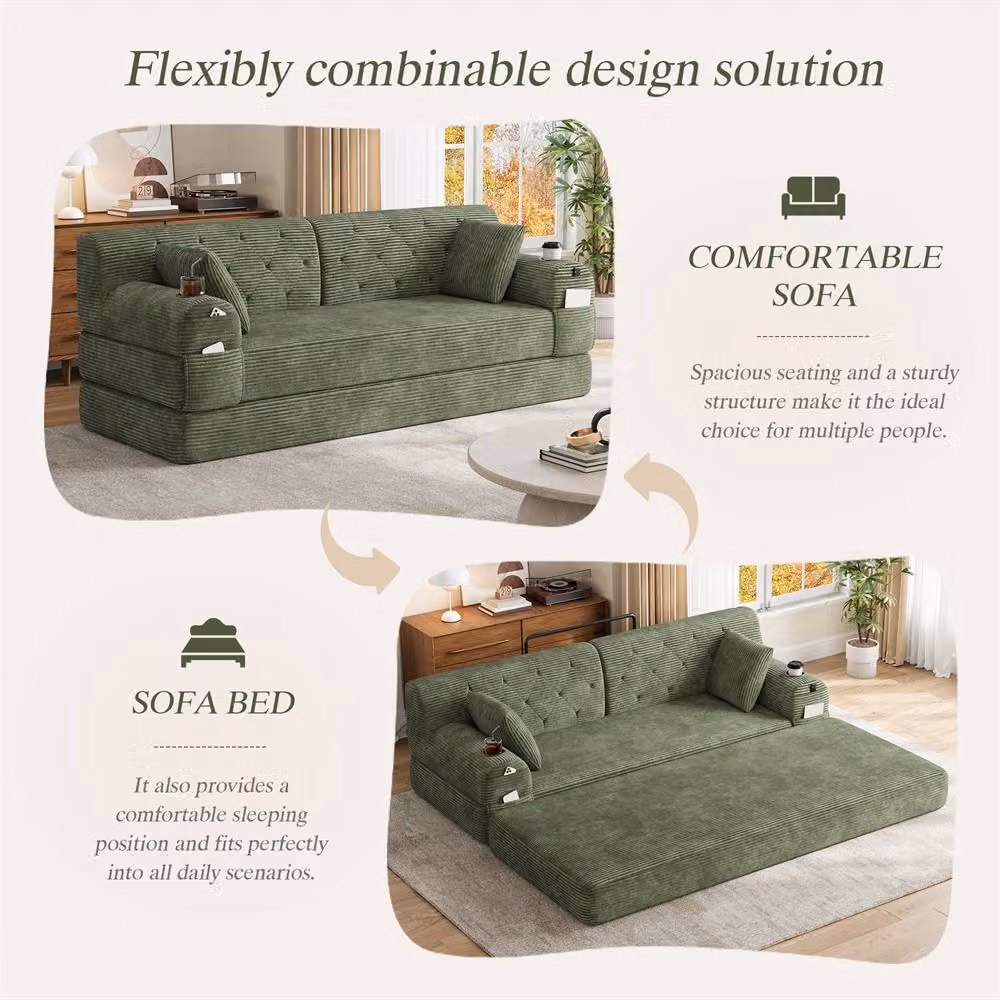 Direct Wicker 3-Seater Corduroy Upholstered Sofa Bed with Cup Holders in Green – 3