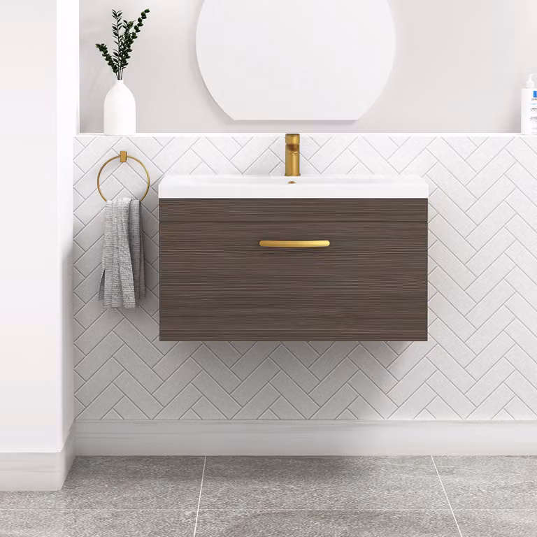 Royal Bathrooms Turin 800mm Wall Hung Vanity Sink Unit with 1 Drawer in Grey Elm and Mid-Edge Basin with Brushed Brass Handle