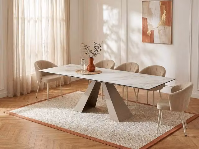 Vente-unique Modern Rectangular Extendable Dining Table with Ceramic Top and Metal Base in Beige and White, W/D/H: 220 x 90 x 76 cm – 1