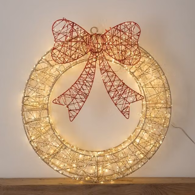 Samuel Alexander 50cm Gold Christmas Wreath with 600 Warm White LEDs, Timer and Red Bow