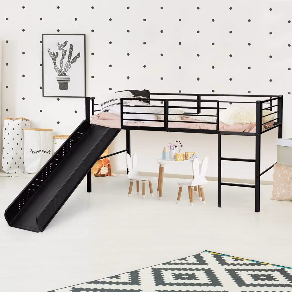 Costway Single Metal Loft Bed for Children with Safety Guardrails and Ladder in Black, W/D/H: 90 x 190 x 150 cm – 3