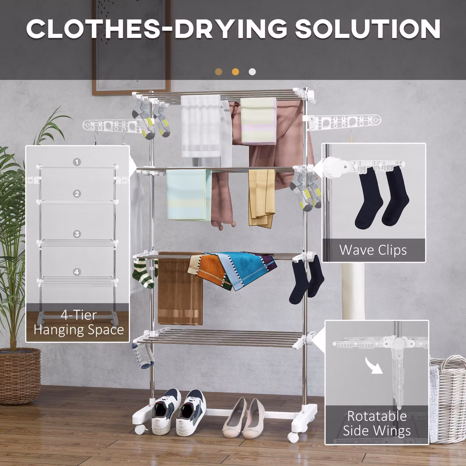 HOMCOM 4-Tier Foldable Clothes Airer with Wheels, White, H 172 x W 55 x D 142 cm – 3