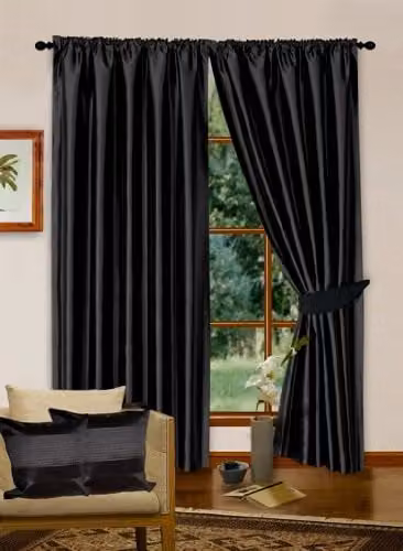Rebecca Mills Black Faux Silk Pencil Pleat Readymade Curtains with Matching Tiebacks, W: 168 cm, H: 228.1 cm