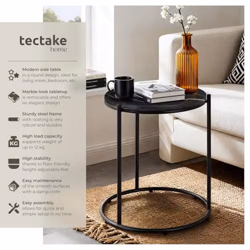 tectake Ellsa Round Side Table in Black with Height-Adjustable Feet, W/D/H: 50.5 x 43.0 x 43.0 cm – 4
