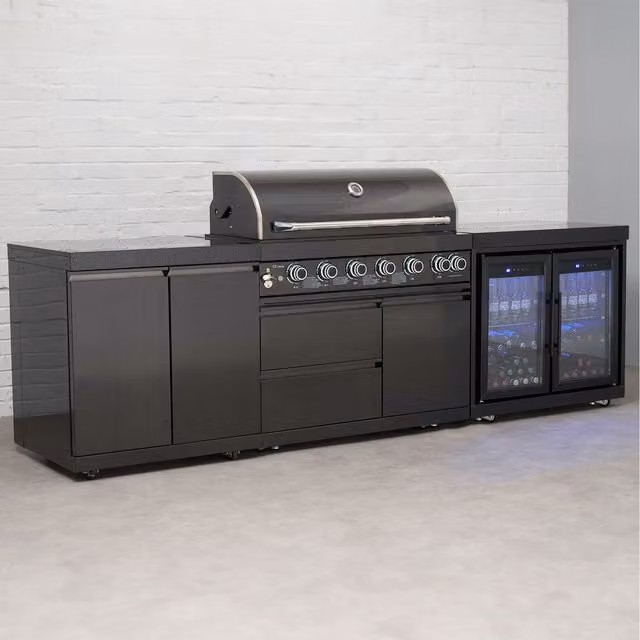 Draco Grills Black Stainless Steel Outdoor Gas Kitchen with Granite Worktop and Double Fridge Cabinet