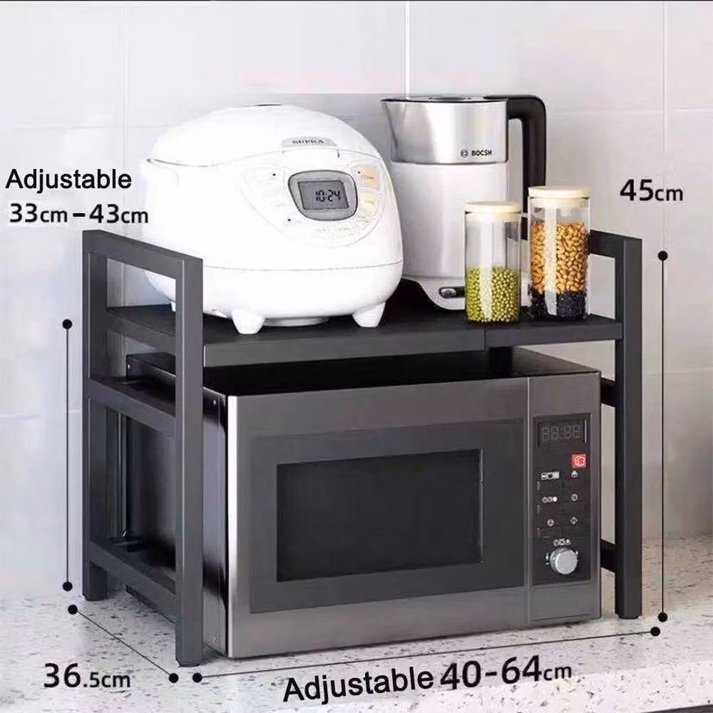 KORVIXA 2 Tier Expandable Microwave Oven Rack Stand in Black with Adjustable Shelves – 2