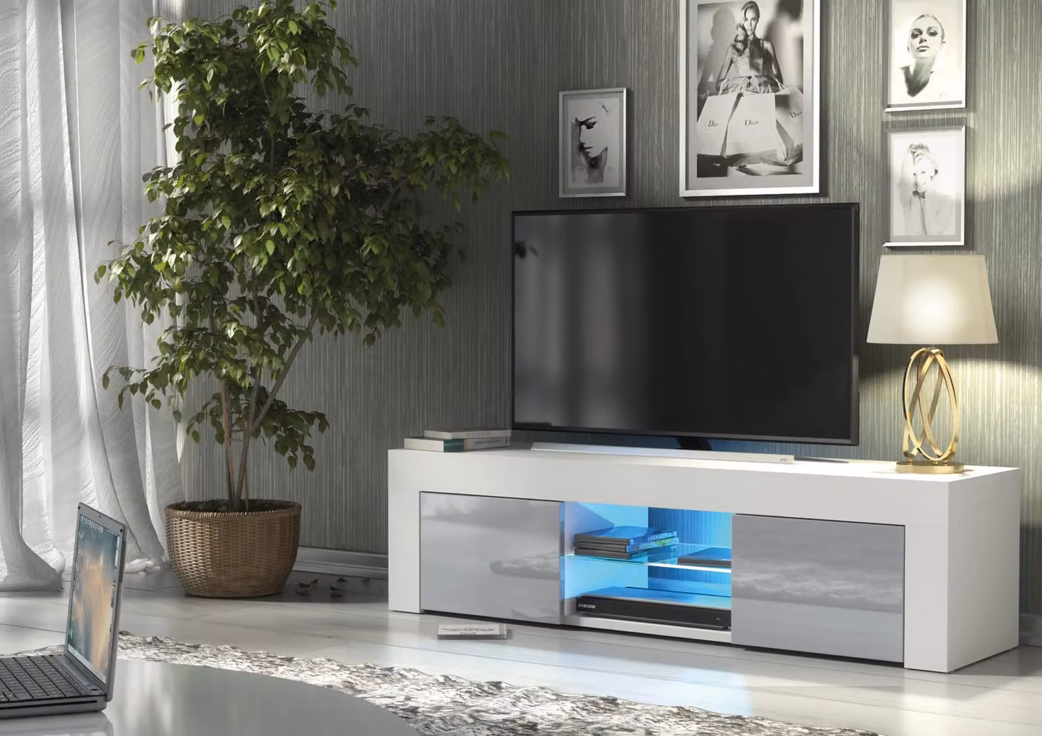Mex Furniture LTD Modern Glossy TV Unit with LED Lights in Light Grey, W: 130 cm, D: 35 cm, H: 35 cm – 2