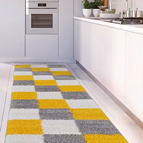 THE RUGS Modern Checked High Pile Shaggy Area Rug, Yellow and Grey, W/D/H: 80 x 300 cm – 2