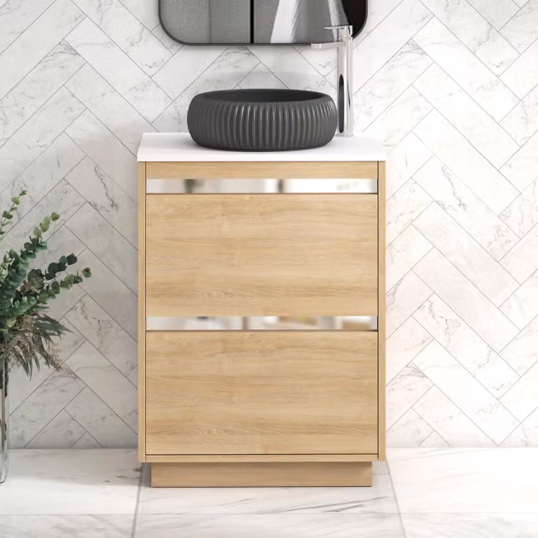 Royal Bathrooms Orion 600mm Natural Oak Floor Standing 2 Drawer Vanity Unit with Milan Black Basin and Chrome Accent Trim