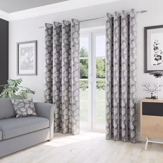 Oakland Grey Thermal Eyelet Curtains with Floral Pattern, W: 183 cm, H: 229 cm