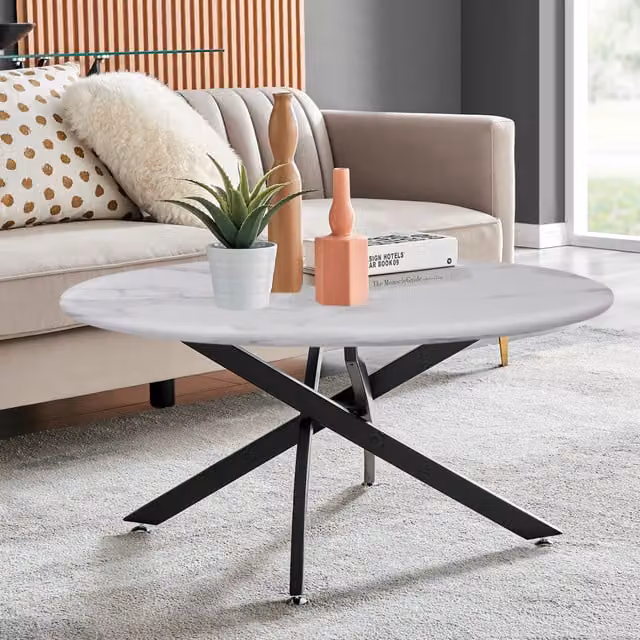 FurnitureboxUK Novara Round Coffee Table with White Marble Effect Glass Top and Black Metal Legs