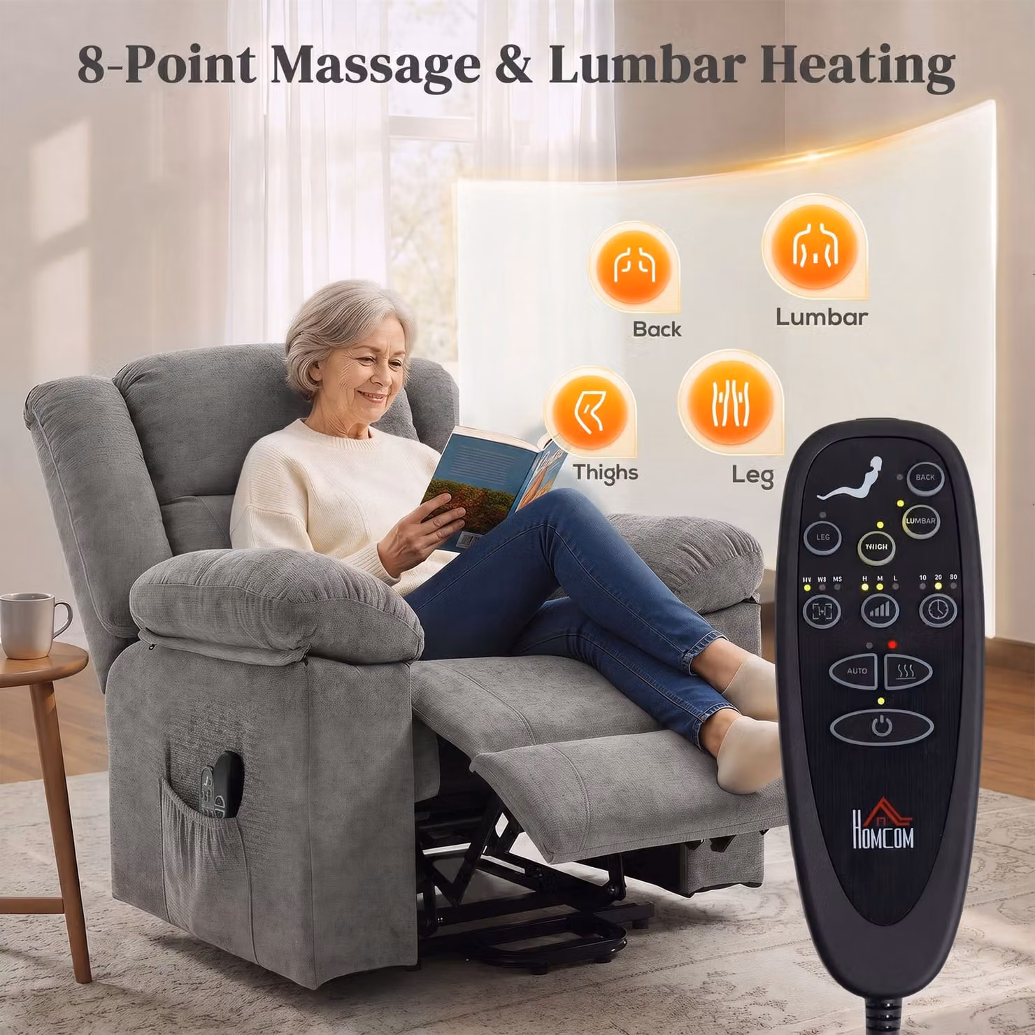 HOMCOM Oversized Grey Fabric Riser Recliner Chair with Massage, Heat and Power Lift Assist for Seniors – 5