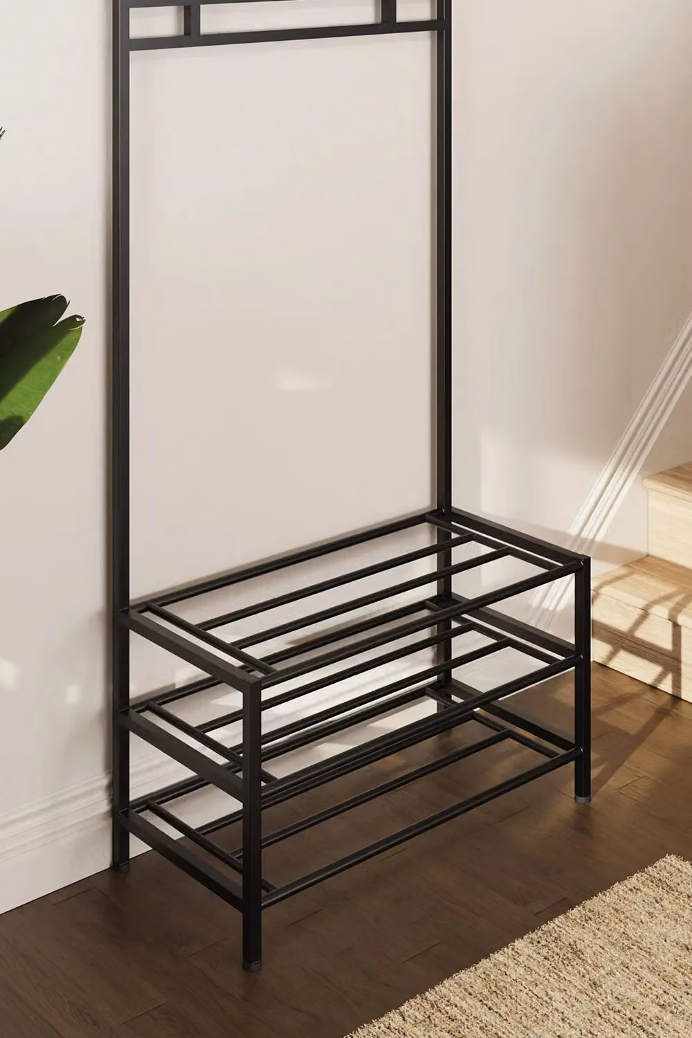 FWStyle 3 Tier Black Metal Hallway Coat and Shoe Rack with Rail, H 181.5 x W 77.0 x D 38.0 cm – 3