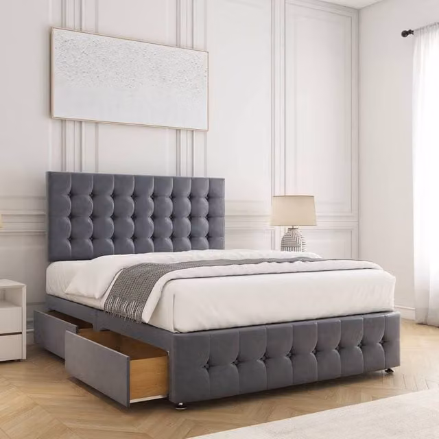 BSSPOKE Eva Plush Velvet Divan Bed with 24 inch Headboard, Footboard, 4 Drawers and Mattress in Charcoal Grey, W/D/H: 140 x 200 cm