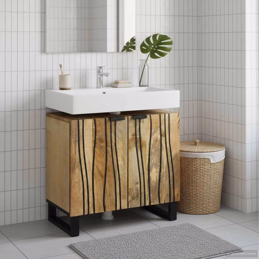 Berkfield Home Sink Cabinet in Brown and Beige, Solid Mango and Engineered Wood, W: 62 cm, D: 33 cm, H: 58 cm – 2