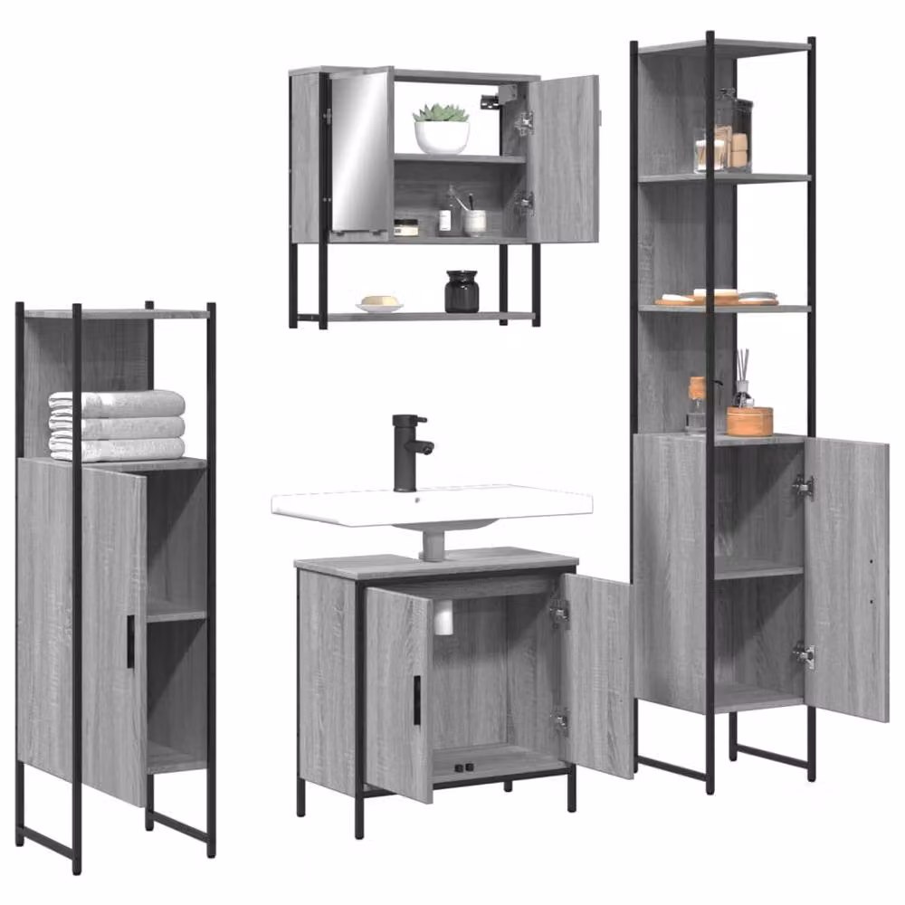 Berkfield Home 4 Piece Grey Industrial Bathroom Furniture Set with Mirror Cabinet, Vanity Unit, Side Cabinet and Tall Cabinet – 2