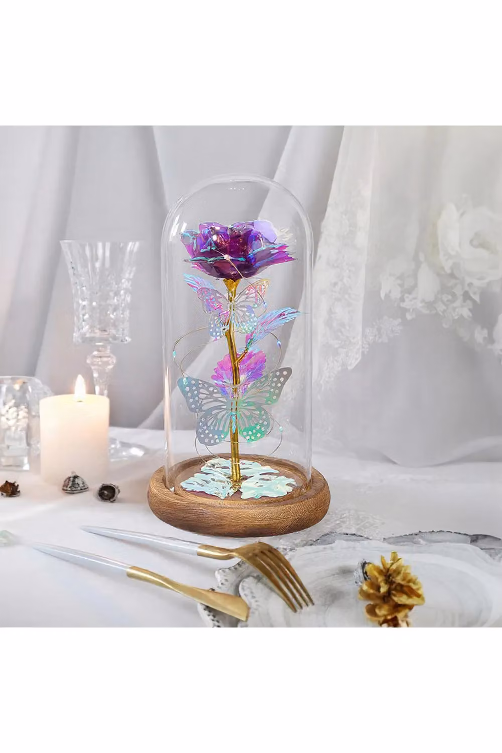 Living and Home Two Butterfly Rose in Glass Dome with Wooden Base and LED Lighting, Purple and Silver – 2
