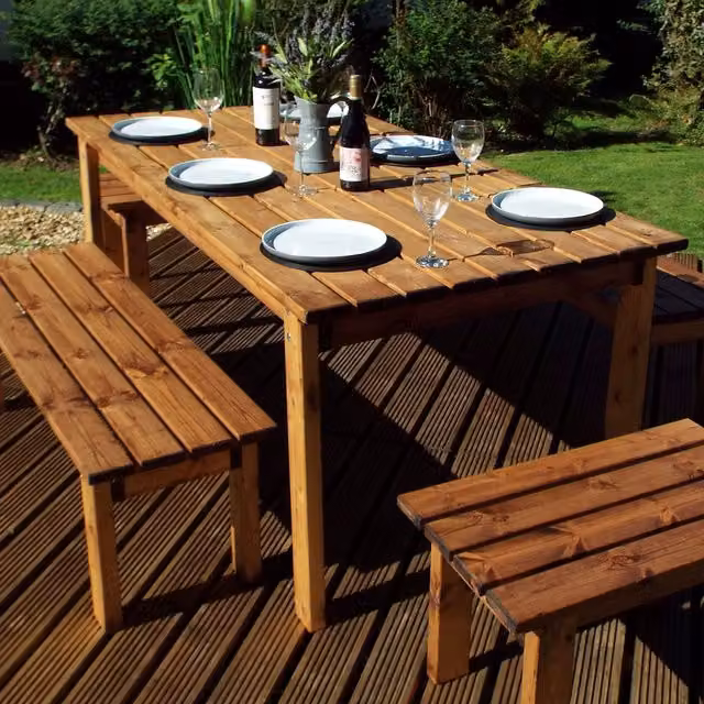 Charles Taylor Forms Eight Seater Scandinavian Wood Table Set in Brown and Orange Lacquered Finish