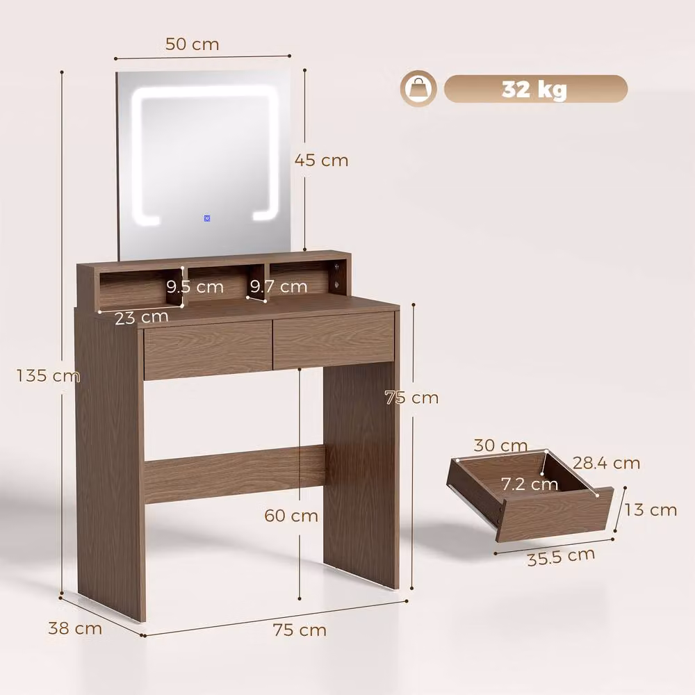 HOMCOM Modern Hollywood LED Dressing Table with Mirror in Walnut Brown – 3