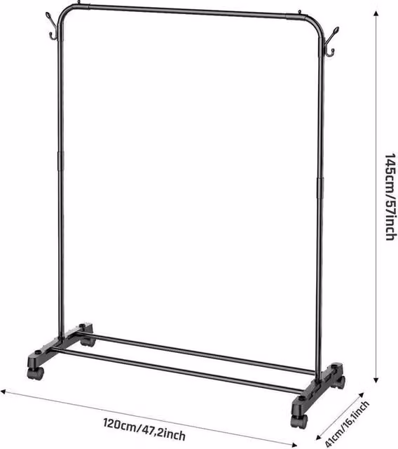 FORGEVIO Heavy Duty Metal Single Rail Clothes Garment Hanging Rail in Black