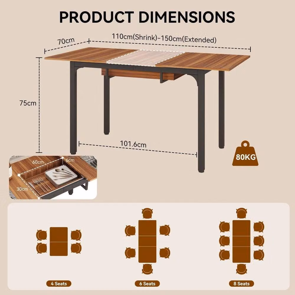 EONLION Extendable Rectangular Dining Table in Brown with Metal and Wood Construction, W: 100 cm, H: 75 cm – 2