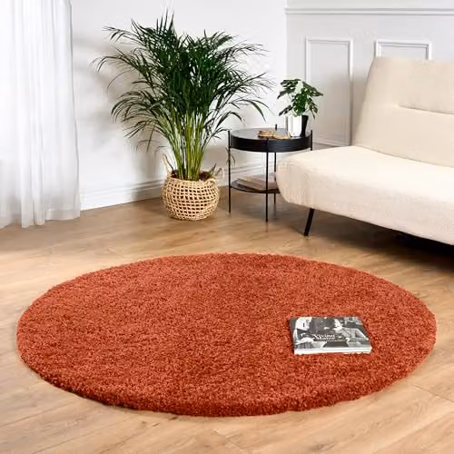 Bravich Shaggy Round Rug in Terracotta Orange, Diameter: 150 cm